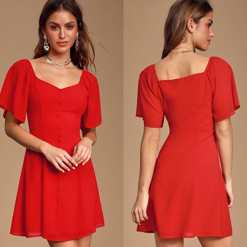Lulus | Darcie Red Button-Front Short Sleeve Mini Dress